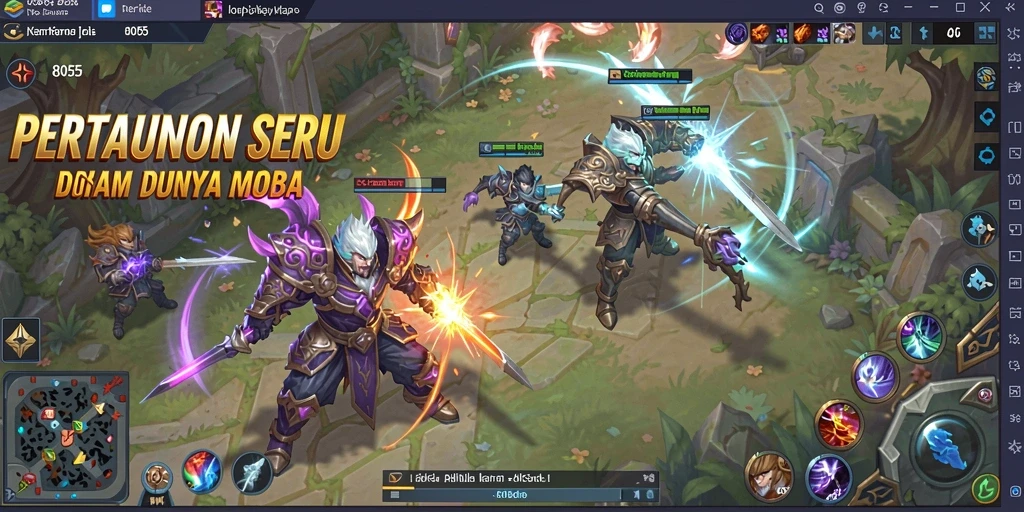 Screenshot gameplay 8055 dengan karakter bertarung di arena MOBA.