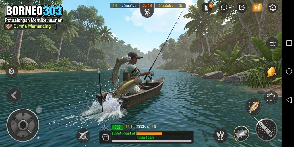 Tampilan gameplay menarik dalam <strong>BORNEO303</strong> saat menangkap ikan di perairan yang indah.