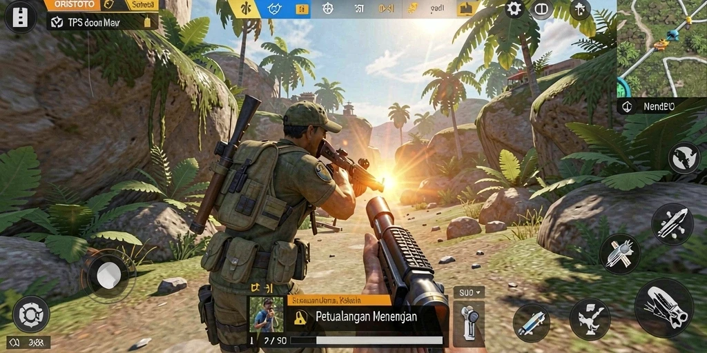 Tampilan gameplay seru dalam ORISTOTO dengan aksi tembak-menembak TPS.
