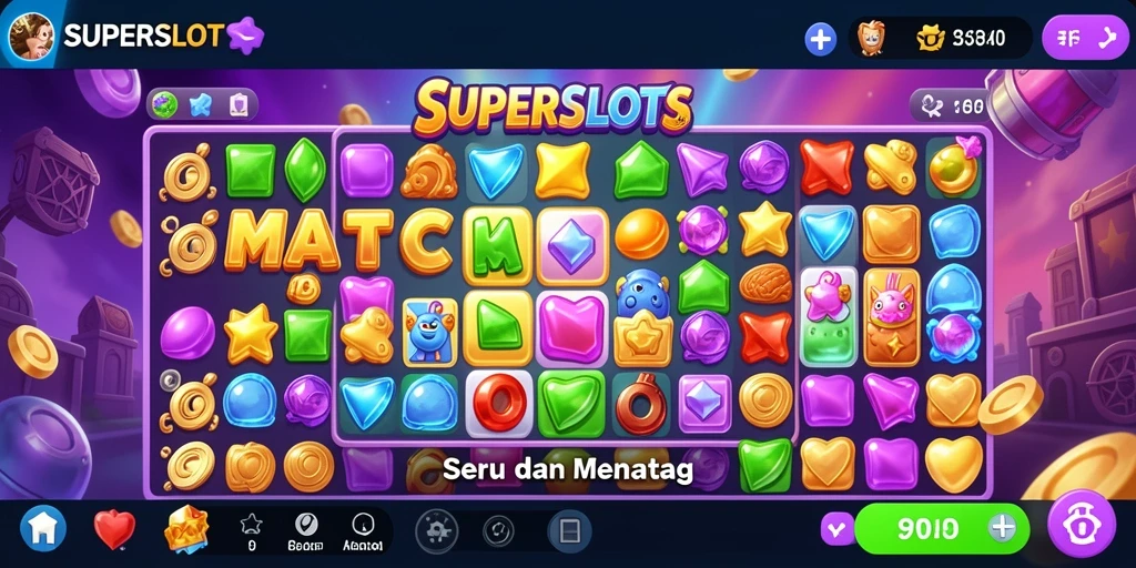Tampilan gameplay SUPERSLOTS dengan simbol yang cerah dan tantangan Match-3.
