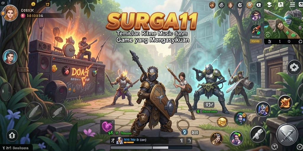 Tampilan gameplay SURGA11 yang dinamis dan interaktif dengan musik.